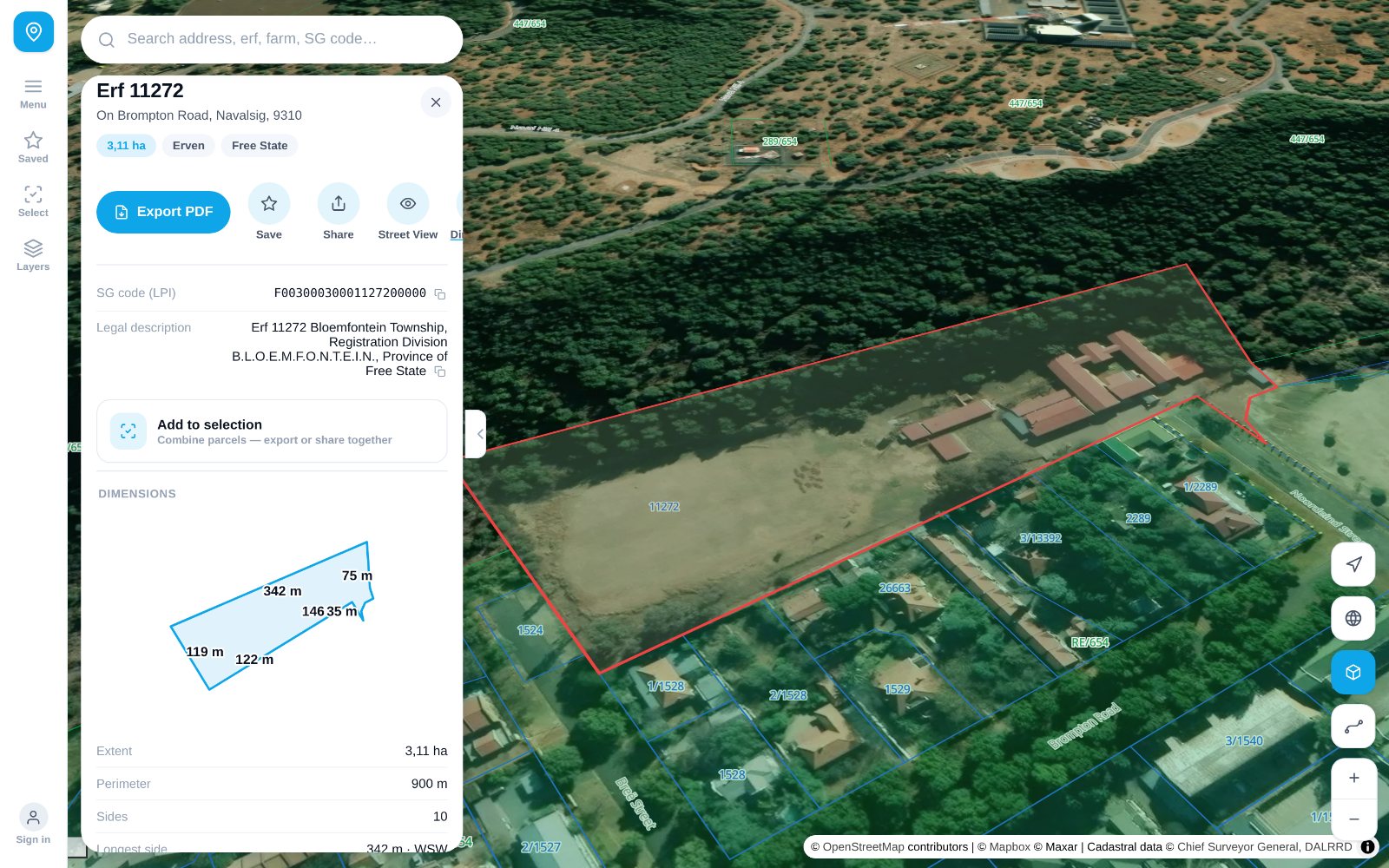 A property outlined on the map with its full details panel
